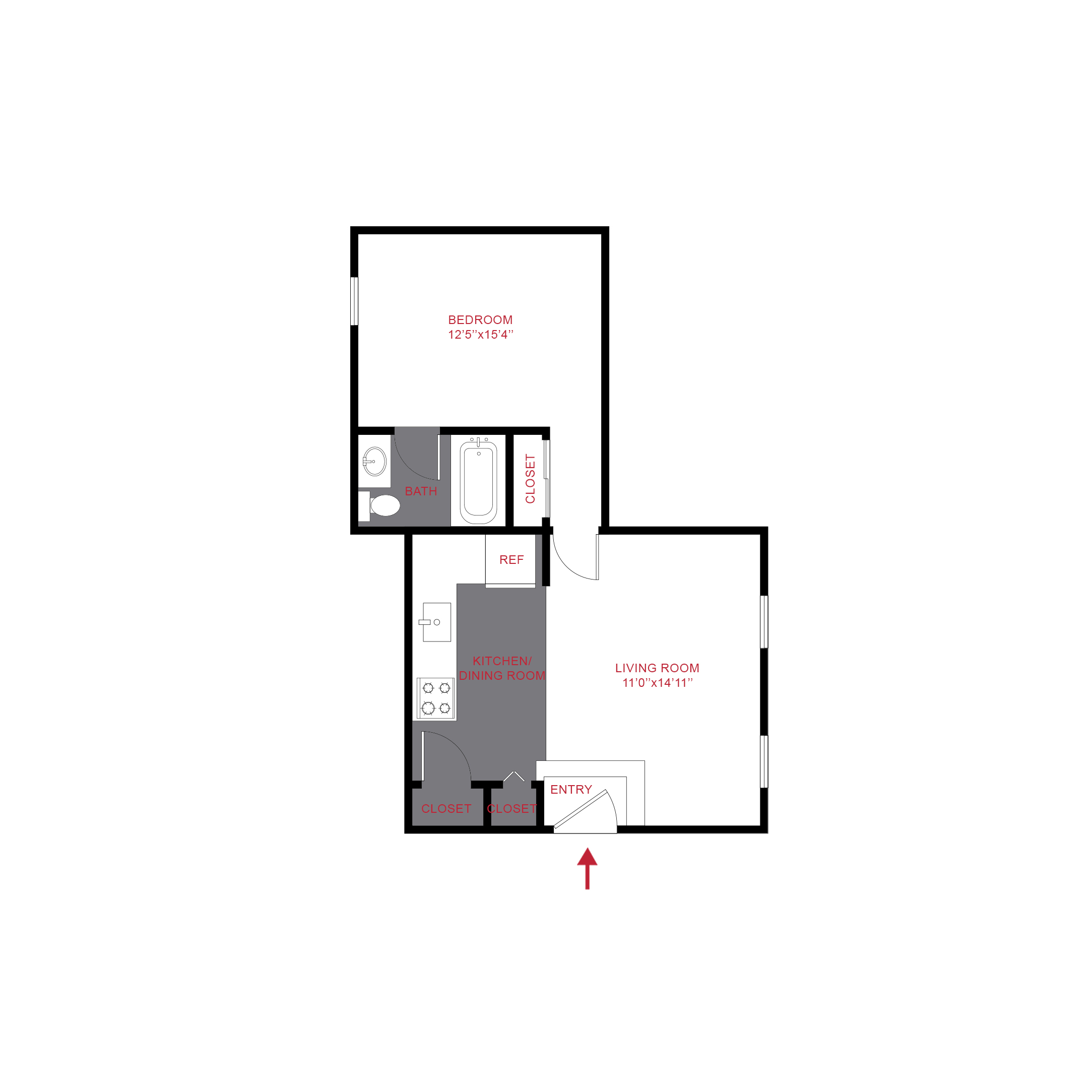 Floor plan for 1 bed, 1 bath, 565 sqft